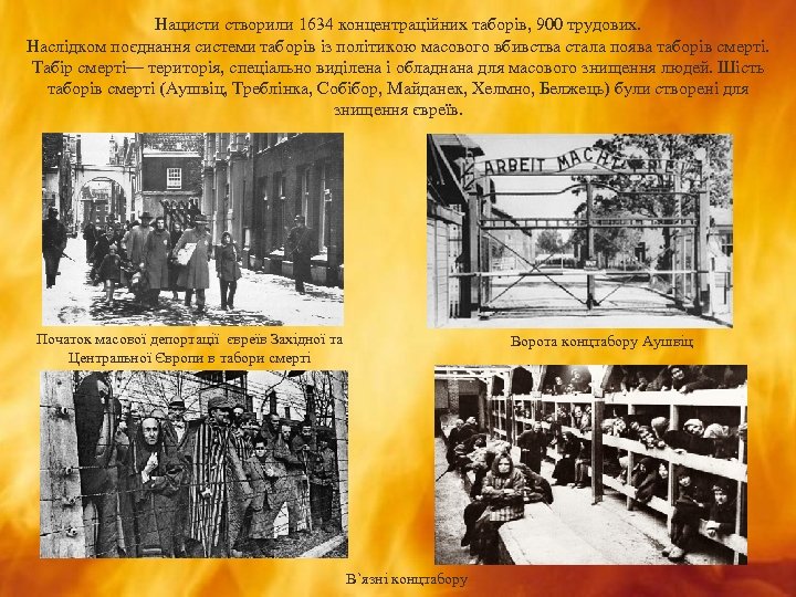 Нацисти створили 1634 концентраційних таборів, 900 трудових. Наслідком поєднання системи таборів із політикою масового