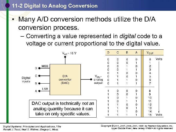 11 -2 Digital to Analog Conversion • Many A/D conversion methods utilize the D/A