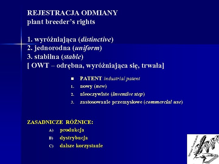 REJESTRACJA ODMIANY plant breeder’s rights 1. wyróżniająca (distinctive) 2. jednorodna (uniform) 3. stabilna (stable)