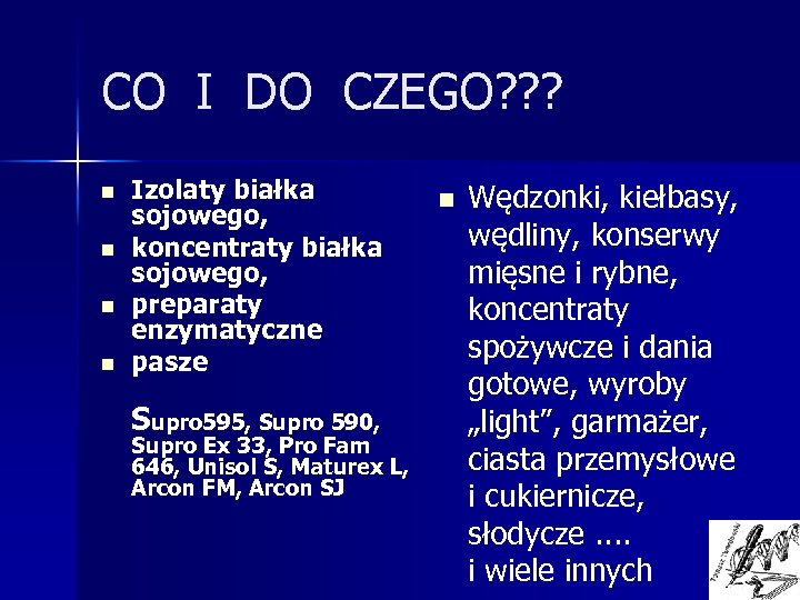 CO I DO CZEGO? ? ? n n Izolaty białka sojowego, koncentraty białka sojowego,