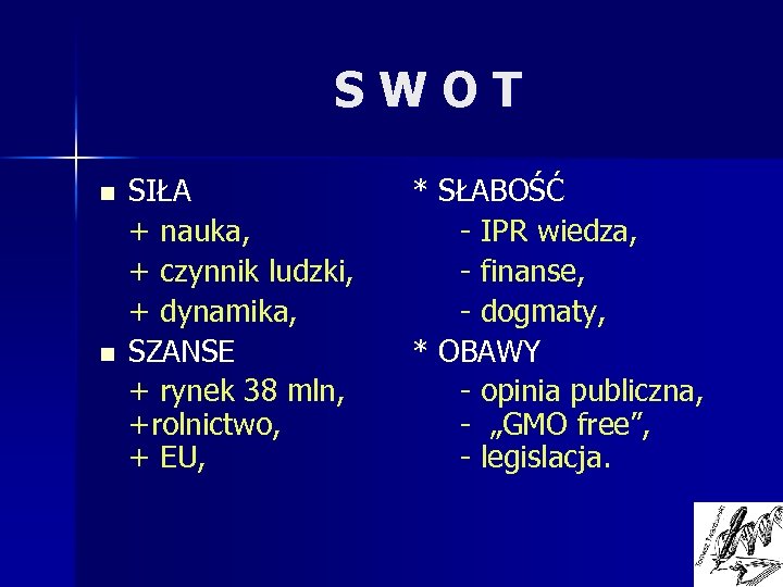 SWOT n n SIŁA + nauka, + czynnik ludzki, + dynamika, SZANSE + rynek
