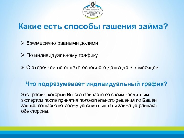 Какие есть способы гашения займа? Ø Ежемесячно равными долями Ø По индивидуальному графику Ø