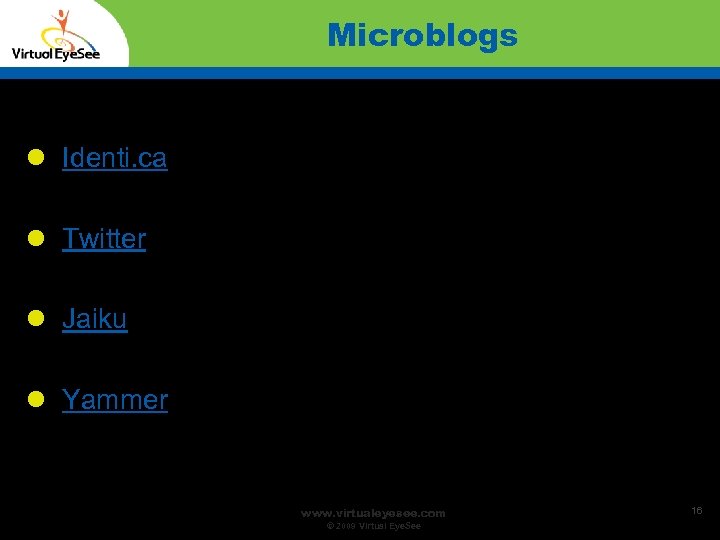 Microblogs Identi. ca Twitter Jaiku Yammer www. virtualeyesee. com © 2009 Virtual Eye. See