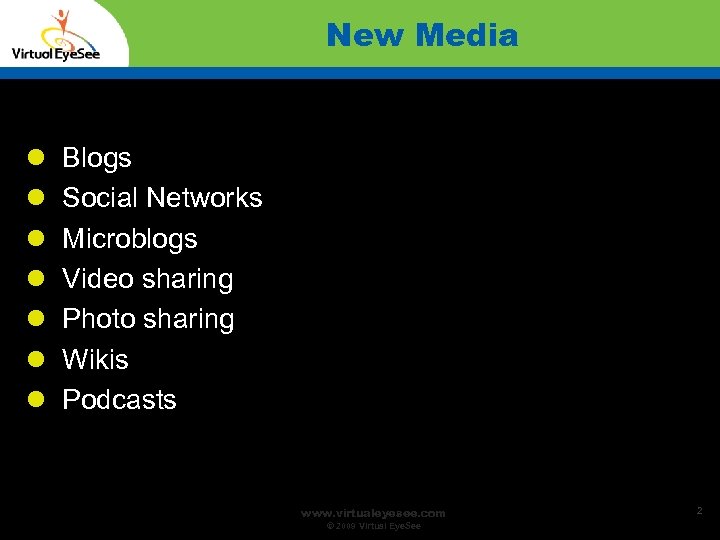 New Media Blogs Social Networks Microblogs Video sharing Photo sharing Wikis Podcasts www. virtualeyesee.