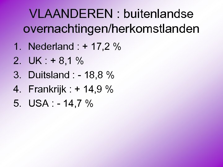 VLAANDEREN : buitenlandse overnachtingen/herkomstlanden 1. 2. 3. 4. 5. Nederland : + 17, 2