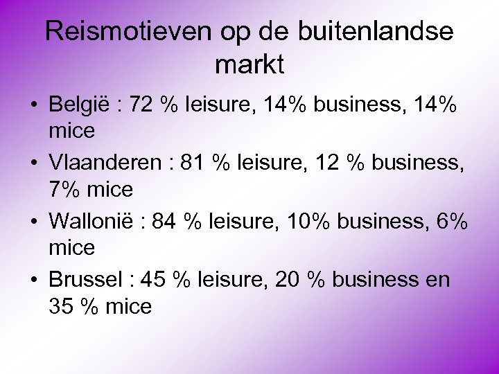 Reismotieven op de buitenlandse markt • België : 72 % leisure, 14% business, 14%