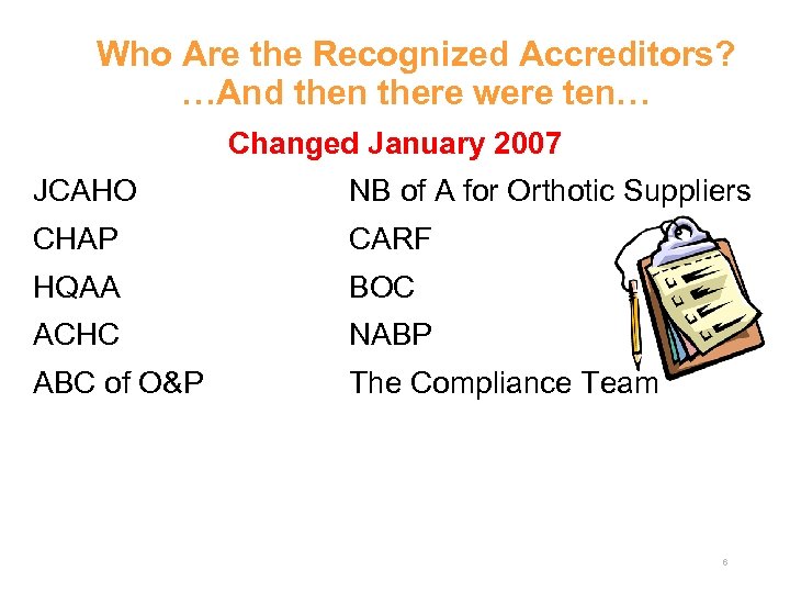 Who Are the Recognized Accreditors? …And then there were ten… Changed January 2007 JCAHO