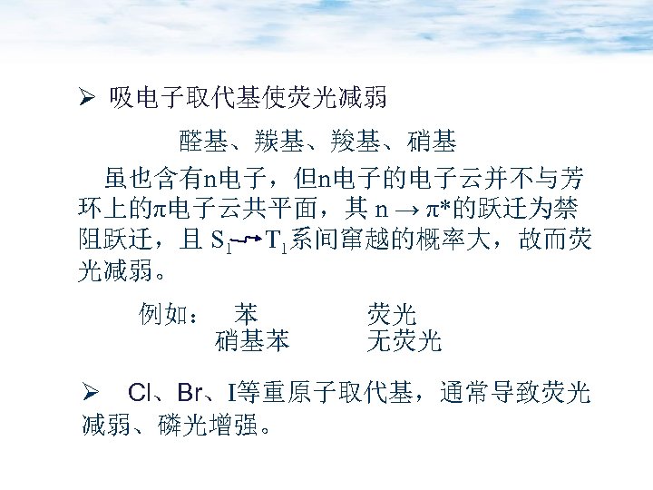 Ø 吸电子取代基使荧光减弱 醛基、羰基、羧基、硝基 虽也含有n电子，但n电子的电子云并不与芳 环上的π电子云共平面，其 n → π*的跃迁为禁 阻跃迁，且 S 1 T 1系间窜越的概率大，故而荧 光减弱。