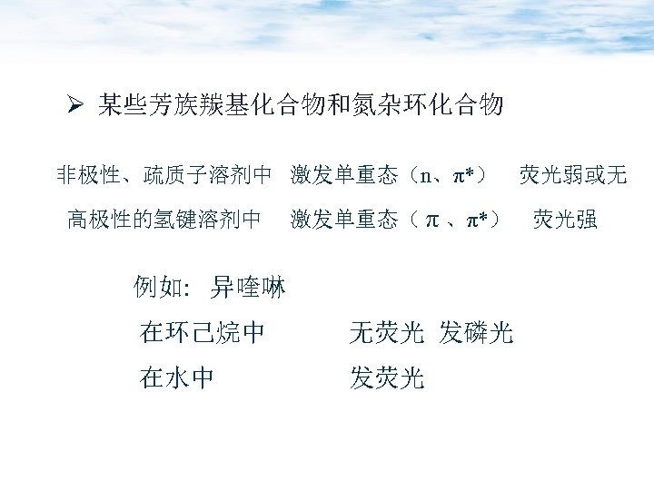 Ø 某些芳族羰基化合物和氮杂环化合物 非极性、疏质子溶剂中 激发单重态（n、π*） 高极性的氢键溶剂中 荧光弱或无 激发单重态（ π 、π*） 荧光强 例如: 异喹啉 在环己烷中 无荧光