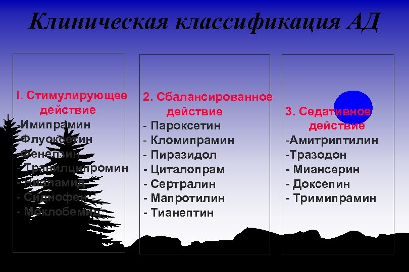 Клиническая классификация АД I. Стимулирующее действие -Имипрамин -Флуоксетин -Фенелзин - Транилципромин - Ниаламид -