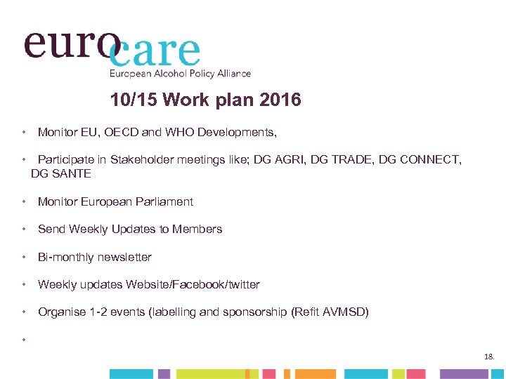 10/15 Work plan 2016 • Monitor EU, OECD and WHO Developments, • Participate in