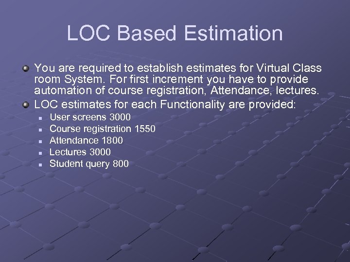 LOC Based Estimation You are required to establish estimates for Virtual Class room System.
