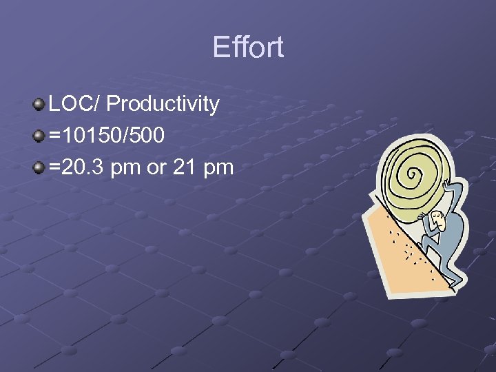 Effort LOC/ Productivity =10150/500 =20. 3 pm or 21 pm 