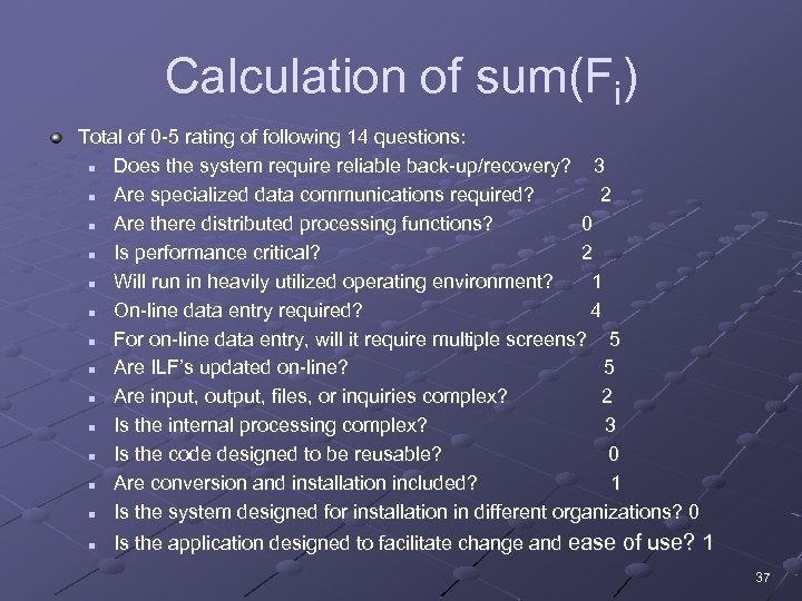 Calculation of sum(Fi) Total of 0 -5 rating of following 14 questions: n Does