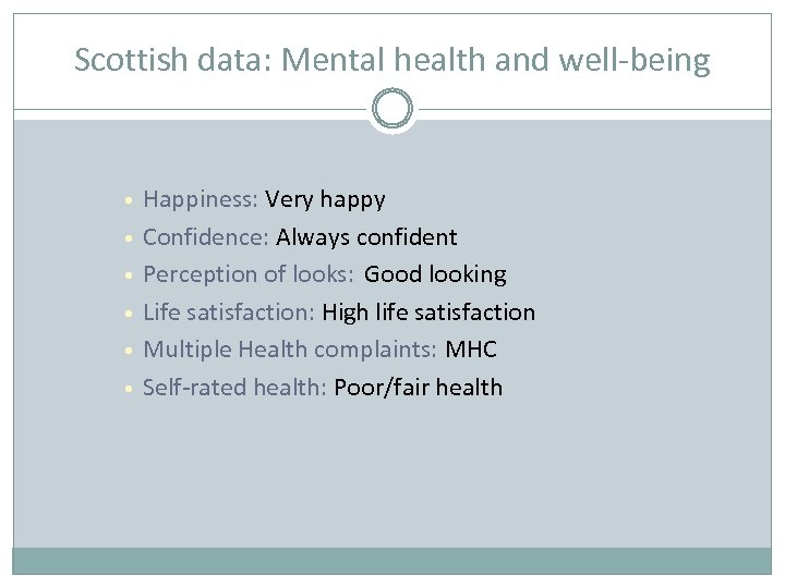 Scottish data: Mental health and well-being • • • Happiness: Very happy Confidence: Always