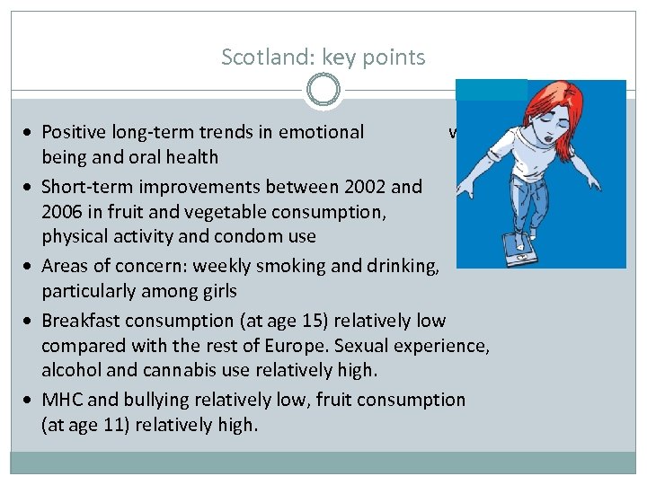 Scotland: key points Positive long-term trends in emotional well- being and oral health Short-term