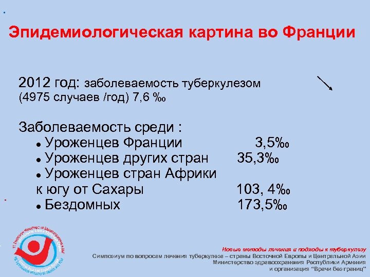 Эпидемиологическая картина во Франции 2012 год: заболеваемость туберкулезом (4975 случаев /год) 7, 6 ‰
