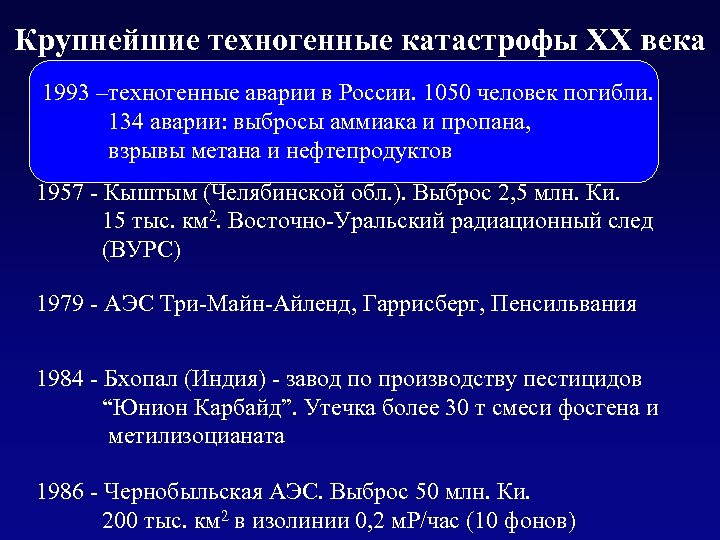 Крупнейшие техногенные катастрофы XX века 1950 -–техногенные аварии в России. 1050 человек погибли. 1993