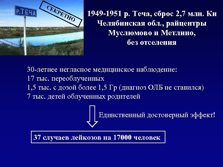 СЕ КР Е ТН О 1949 -1951 р. Теча, сброс 2, 7 млн. Ки