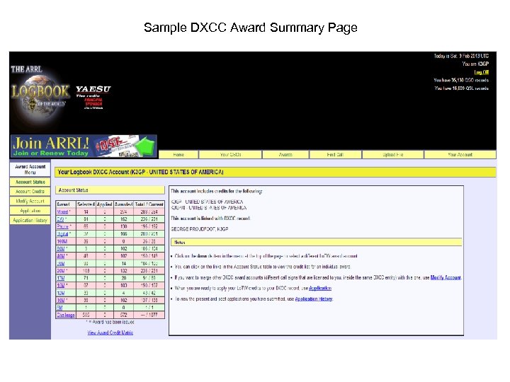 Sample DXCC Award Summary Page 