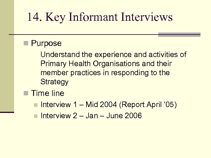 14. Key Informant Interviews n Purpose Understand the experience and activities of Primary Health