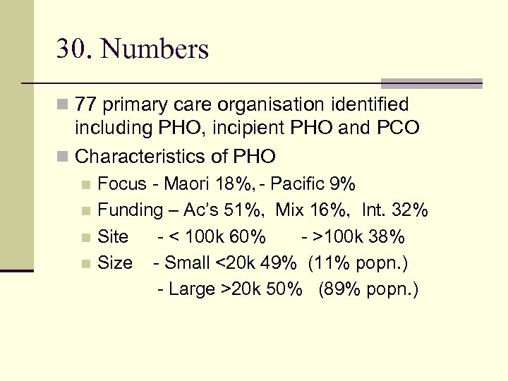 30. Numbers n 77 primary care organisation identified including PHO, incipient PHO and PCO