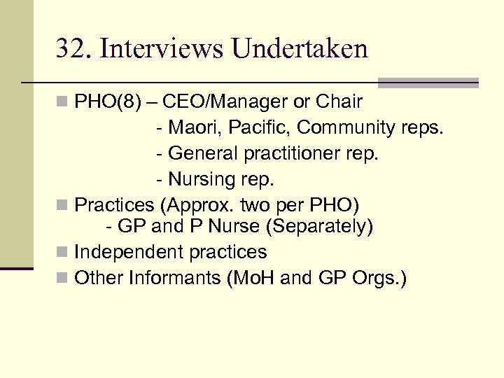 32. Interviews Undertaken n PHO(8) – CEO/Manager or Chair - Maori, Pacific, Community reps.