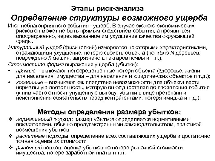 Этапы риск-анализа Определение структуры возможного ущерба Итог неблагоприятного события ущерб. В случае эколого экономических