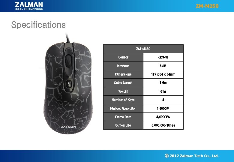 ZM-M 250 Specifications ZM-M 250 Sensor Optical Interface USB Dimensions 119 x 64 x