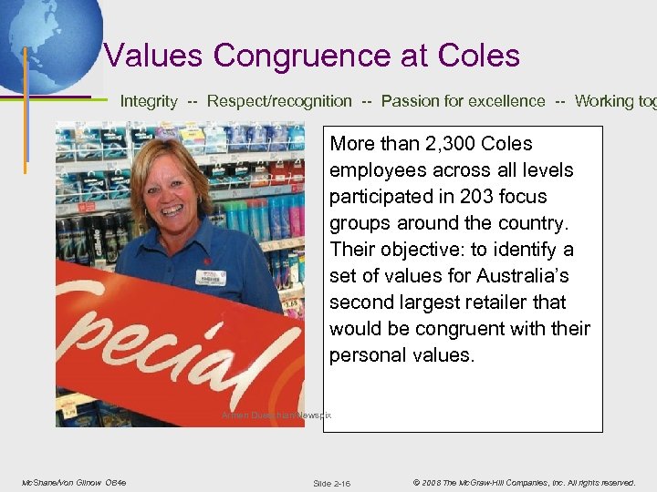 Values Congruence at Coles Integrity -- Respect/recognition -- Passion for excellence -- Working tog