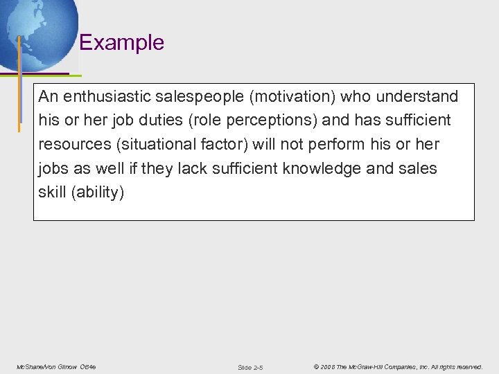 Example An enthusiastic salespeople (motivation) who understand his or her job duties (role perceptions)