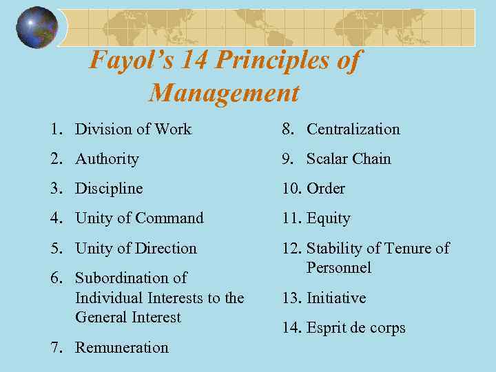 Fayol’s 14 Principles of Management 1. Division of Work 8. Centralization 2. Authority 9.