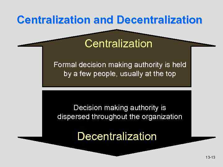 Centralization and Decentralization Centralization Formal decision making authority is held by a few people,