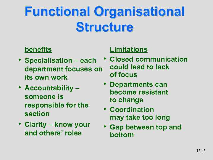 Functional Organisational Structure benefits • Specialisation – each • • department focuses on its