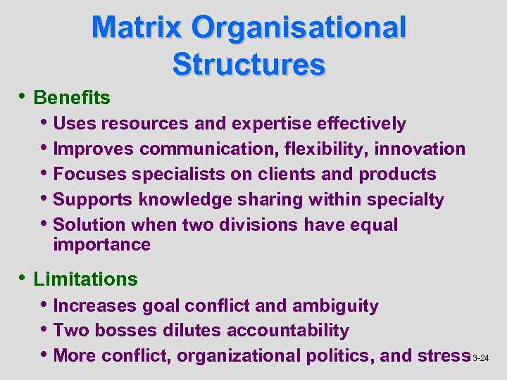 Matrix Organisational Structures • Benefits • Uses resources and expertise effectively • Improves communication,