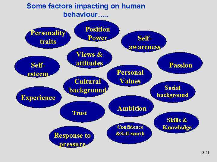 Some factors impacting on human behaviour…. . Personality traits Position Power Views & attitudes