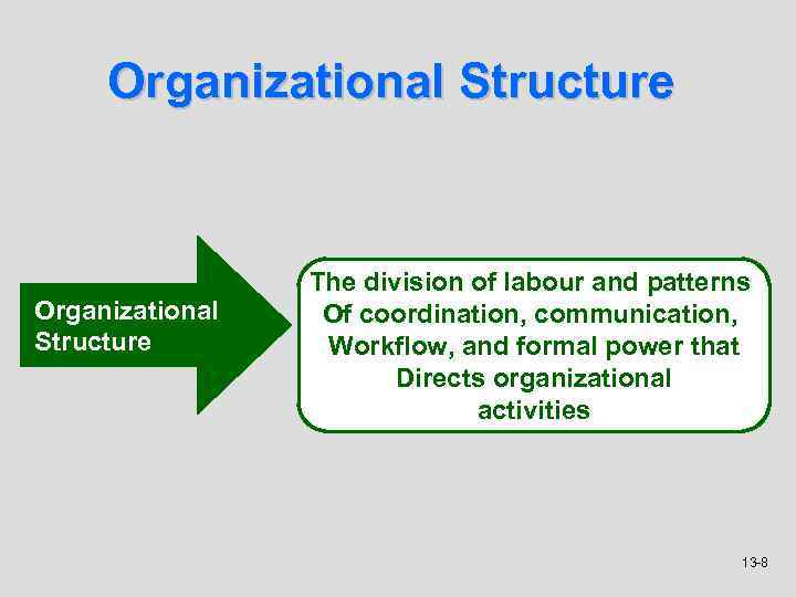 Organizational Structure The division of labour and patterns Of coordination, communication, Workflow, and formal