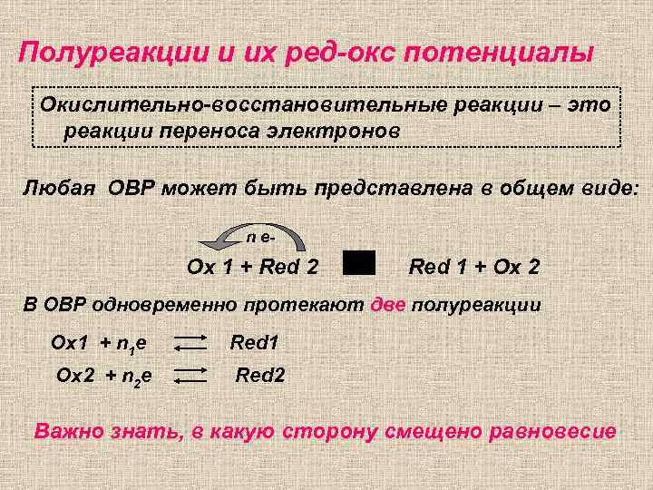 Полуреакции и их ред-окс потенциалы Окислительно-восстановительные реакции – это реакции переноса электронов Любая ОВР