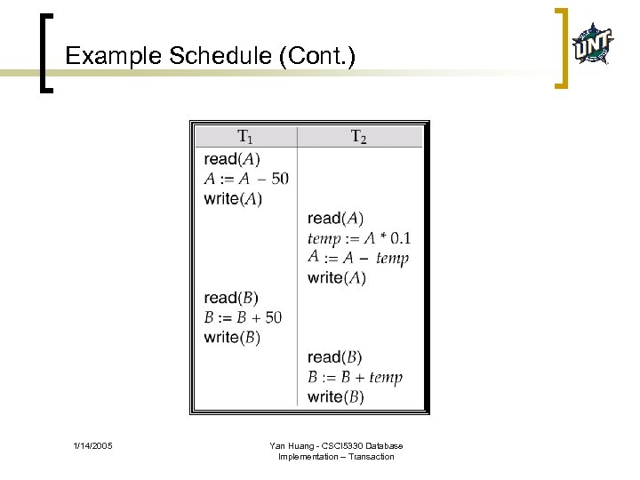 Example Schedule (Cont. ) 1/14/2005 Yan Huang - CSCI 5330 Database Implementation – Transaction