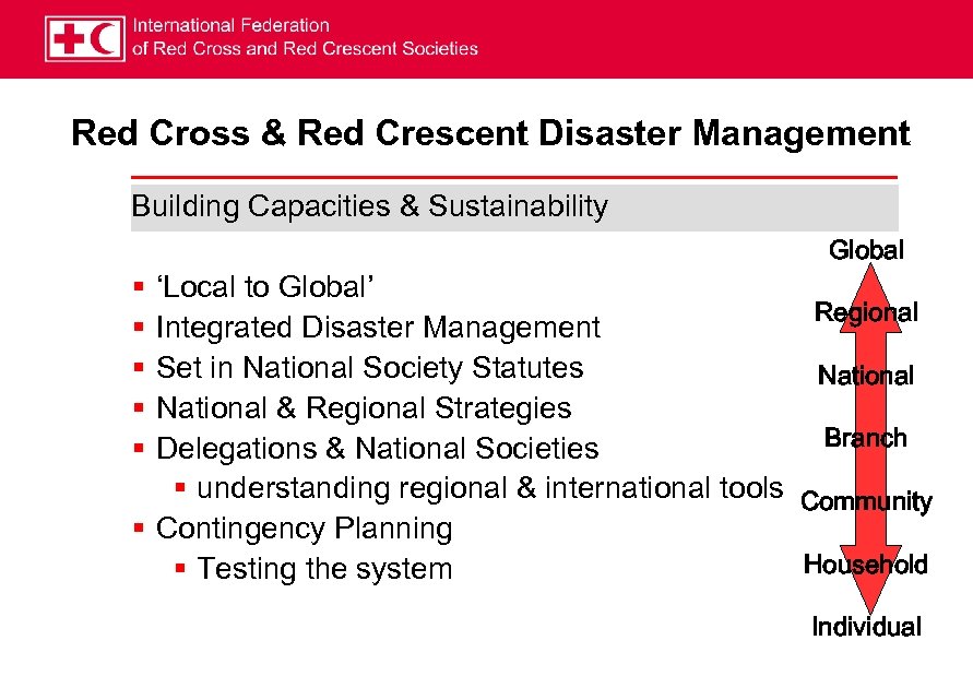 Red Cross & Red Crescent Disaster Management Building Capacities & Sustainability Global § §