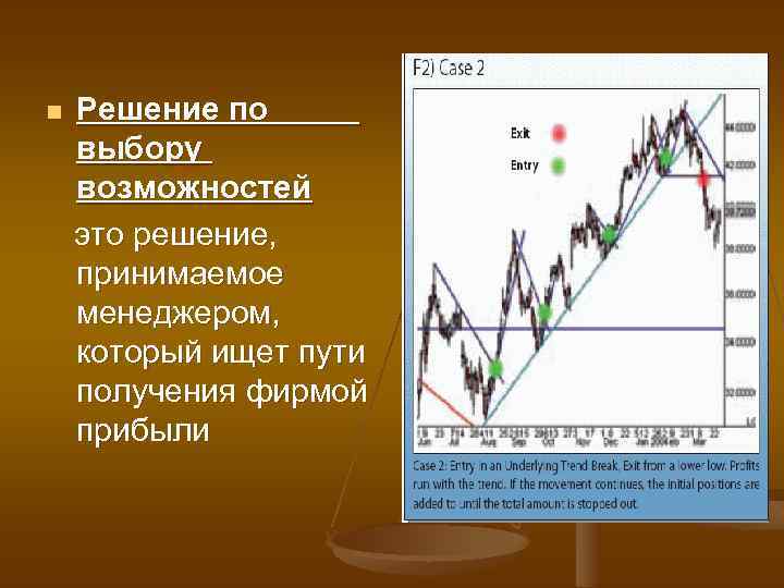 n Решение по выбору возможностей это решение, принимаемое менеджером, который ищет пути получения фирмой