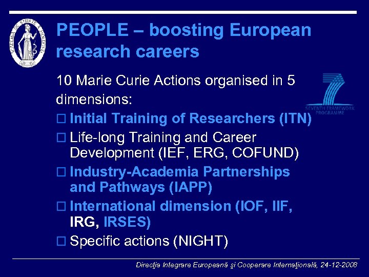 PEOPLE – boosting European research careers 10 Marie Curie Actions organised in 5 dimensions: