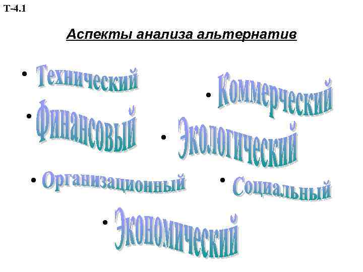 Т-4. 1 Аспекты анализа альтернатив • • 