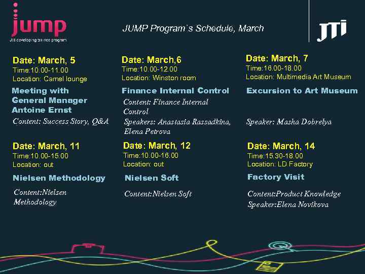 JUMP Program`s Schedule, March Date: March, 5 Date: March, 6 Date: March, 7 Time: