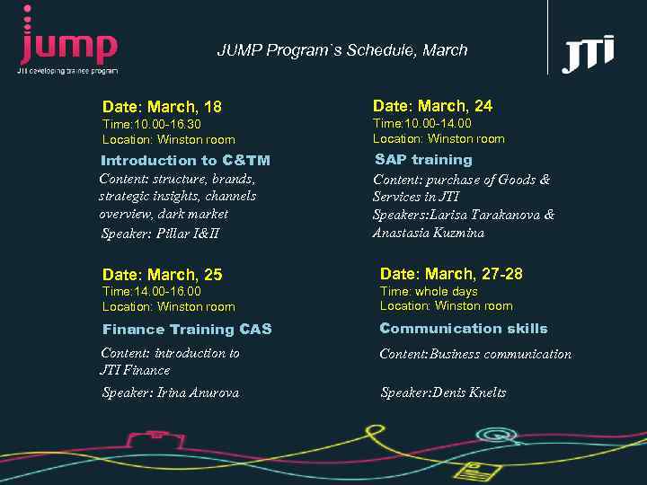 JUMP Program`s Schedule, March Date: March, 18 Date: March, 24 Time: 10. 00 -16.