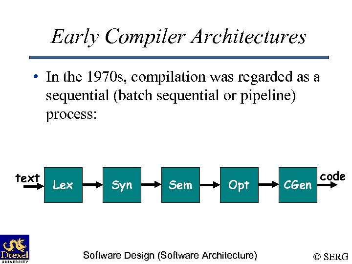 Early Compiler Architectures • In the 1970 s, compilation was regarded as a sequential