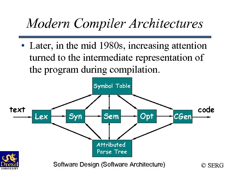 Modern Compiler Architectures • Later, in the mid 1980 s, increasing attention turned to