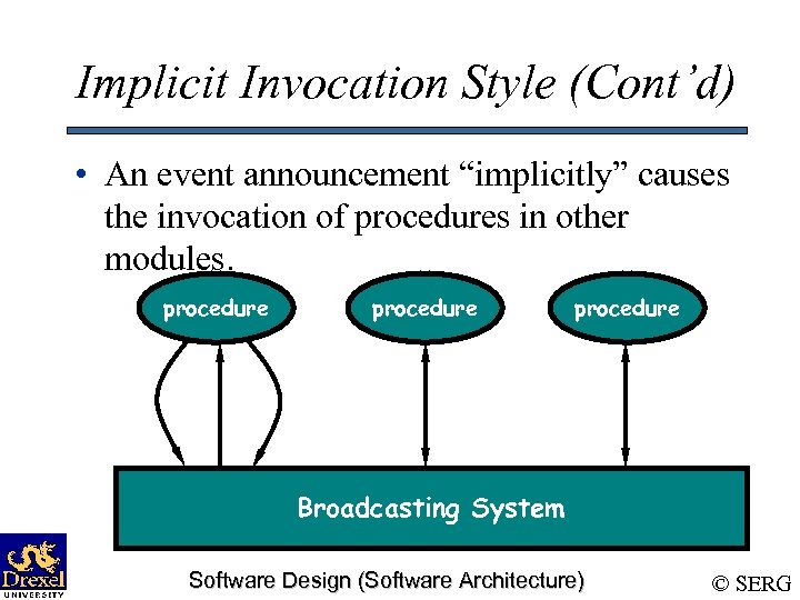 Implicit Invocation Style (Cont’d) • An event announcement “implicitly” causes the invocation of procedures