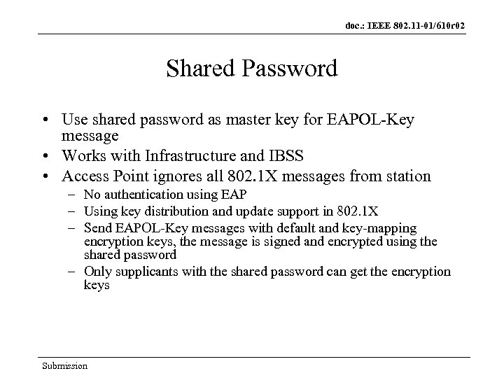 doc. : IEEE 802. 11 -01/610 r 02 Shared Password • Use shared password
