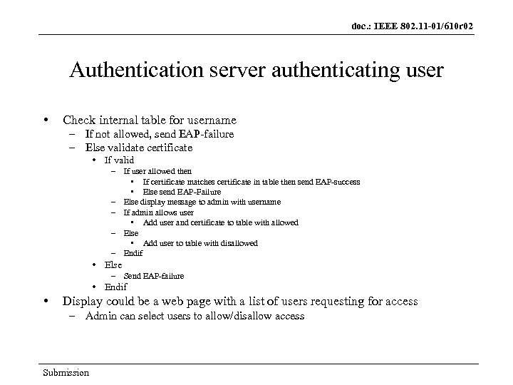 doc. : IEEE 802. 11 -01/610 r 02 Authentication server authenticating user • Check